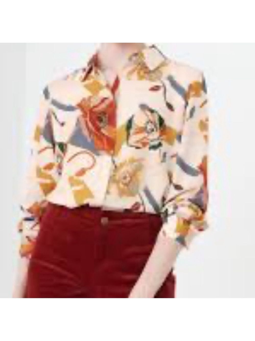 CLEO Floral Print Women's Top relaxed fit crepe blouse button up cream brown XL